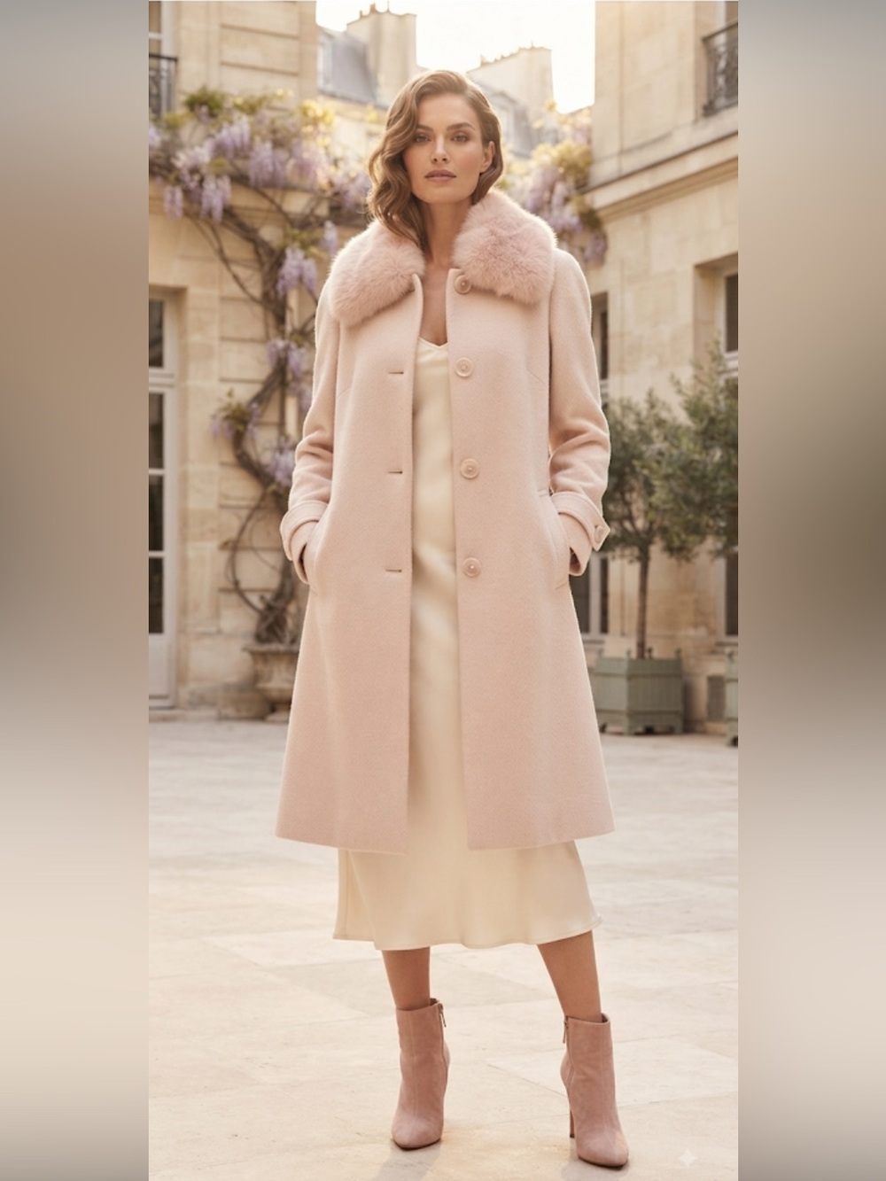 Katherine Kelly Angora & Virgin Wool Coat with Fox Fur Collar | Blush Pink